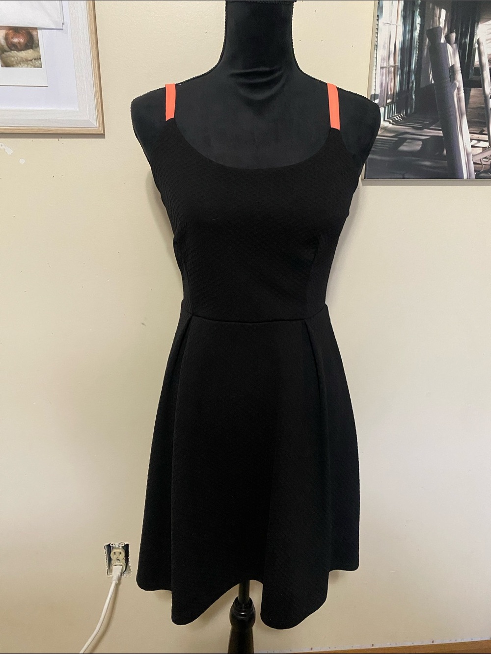 Black Sleeveless A-Line Dress with Coral Accent Straps Summer Sz Medium